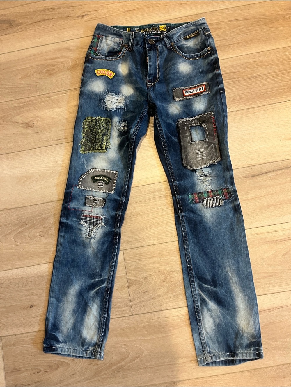Men's Slim Straight Blue Patchwork Jeans